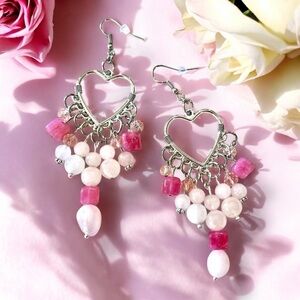 Rose Quartz and Crystals Heart Shaped Silver Toned Chandelier Earrings